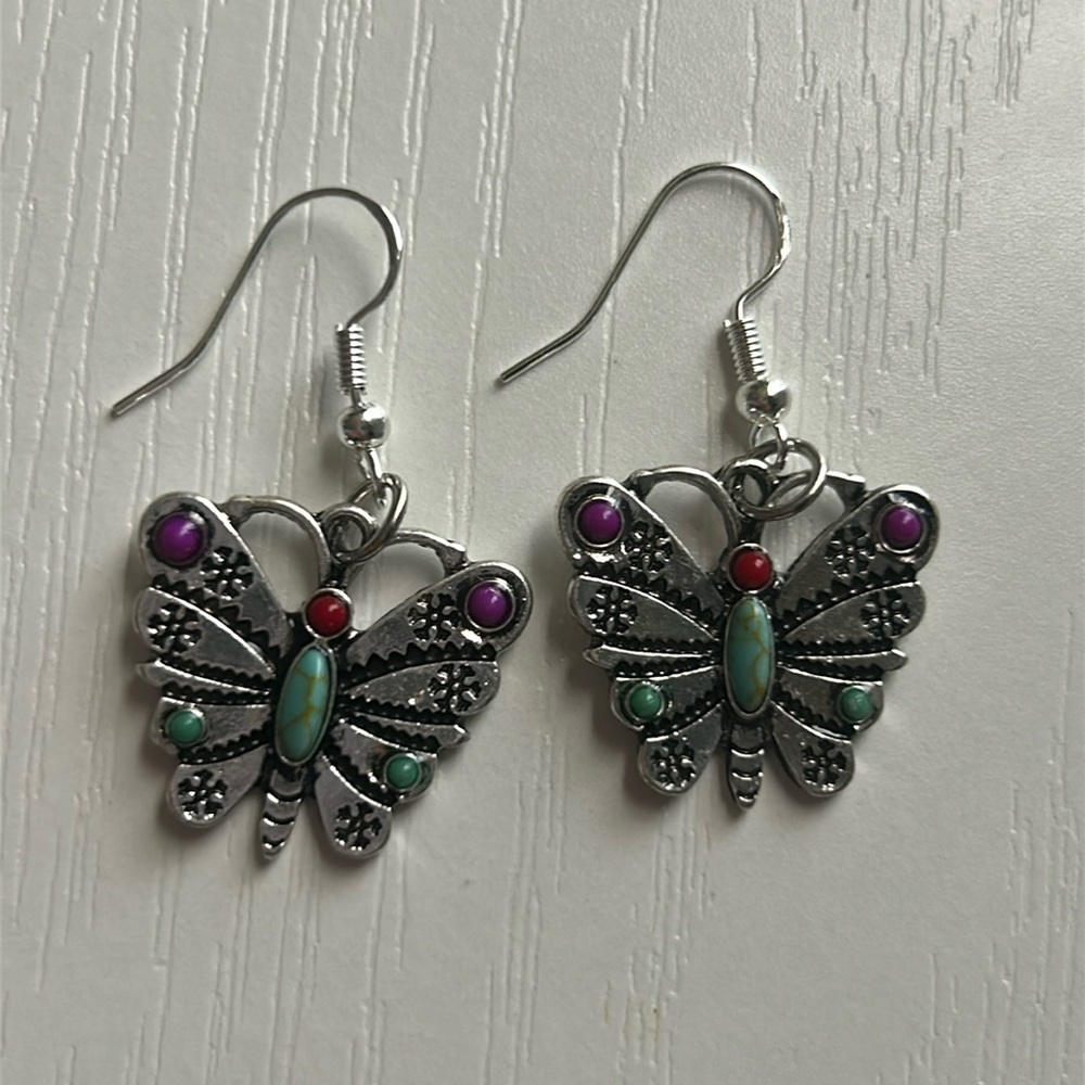 Silver Butterfly Earrings with Multicolor Accents